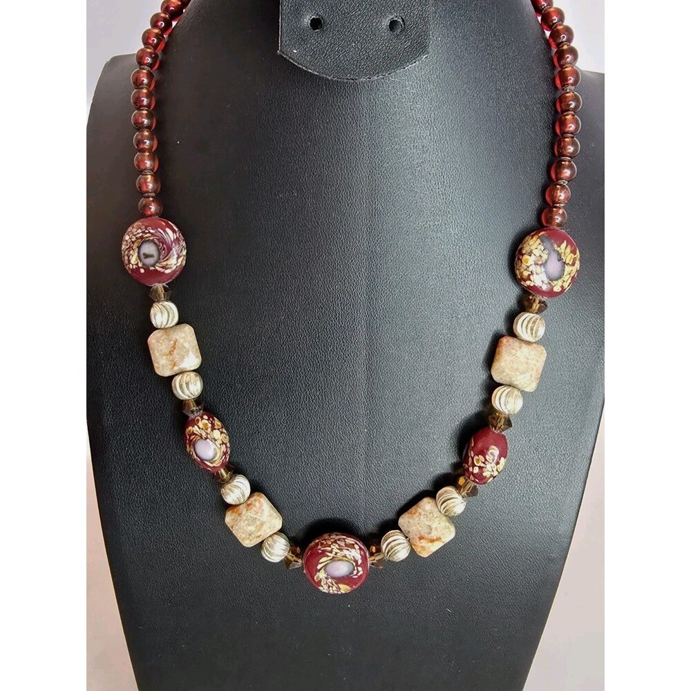 Vintage Red Glass Bead Necklace Murano Style Art Glass Focal Station Beads Boho
